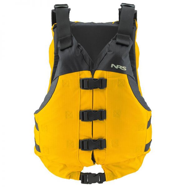 A yellow life jacket on a white background.