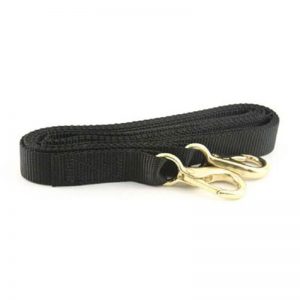 A black nylon Skedco HMH Sked Rescue System w/strap kit leash with gold hooks.