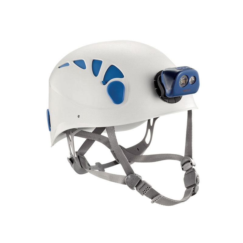 A white helmet with a blue light attached to it.