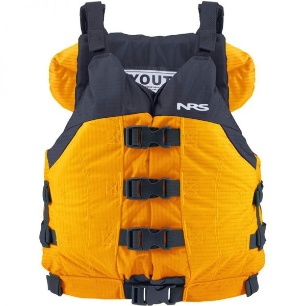 A yellow life jacket with black straps.