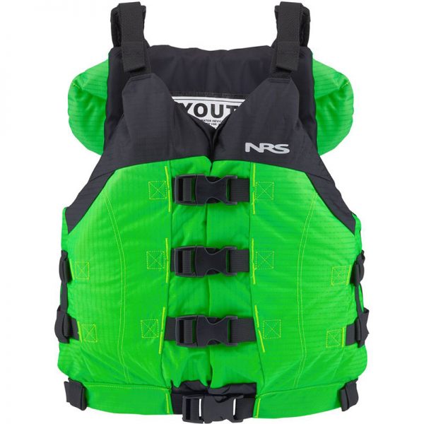 A green and black life jacket on a white background.