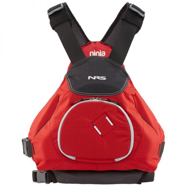 A red life jacket with a black strap.