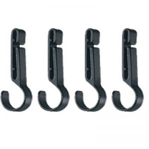 Four black hooks on a white background.