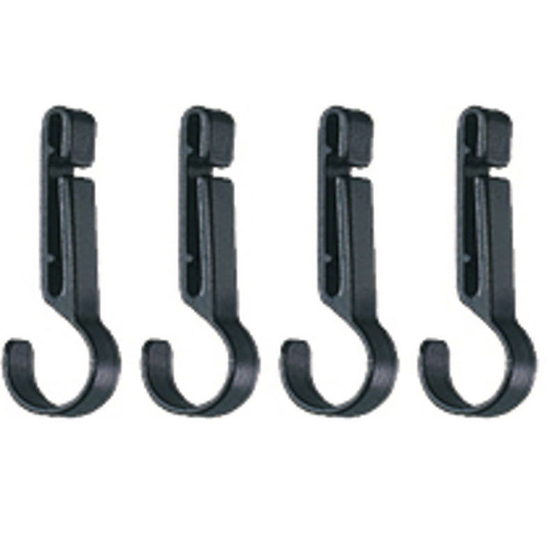 Four black hooks on a white background.