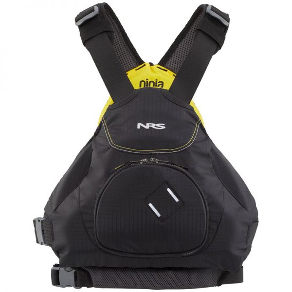 A black and yellow nss life jacket on a white background.