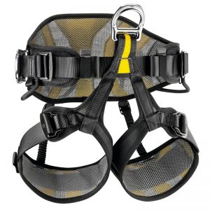 A climbing harness with VOLT® international version yellow and black straps.