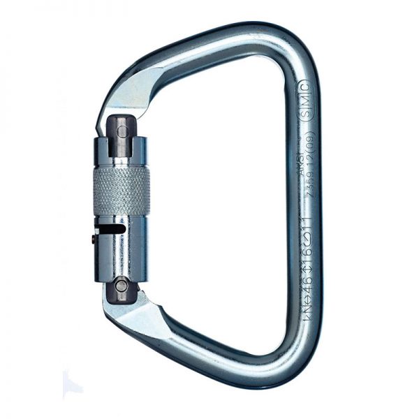A Large Heat-treated Steel Locking D carabiner on a white background.