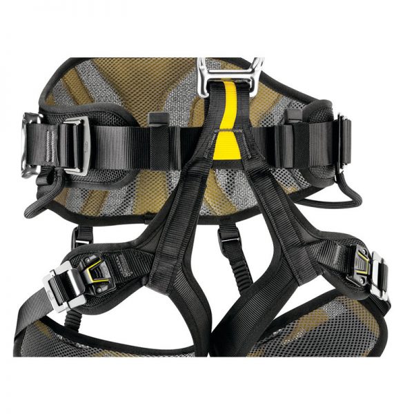 A VOLT® international version climbing harness with yellow and black straps.