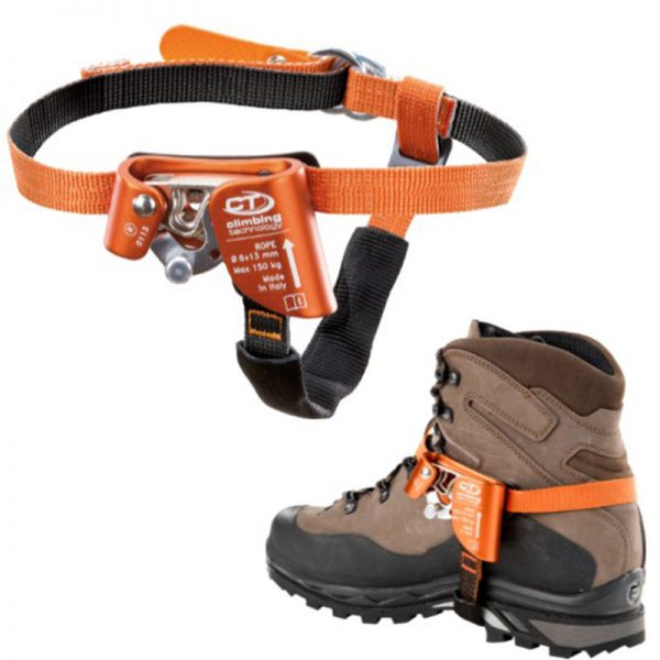 A pair of Climbing Technology Chest Ascender EVO hiking boots with an orange strap.