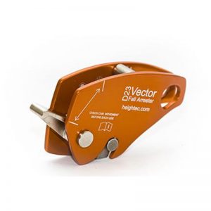 A orange metal clamp with the Climbing Technology Chest Ascender EVO on it.