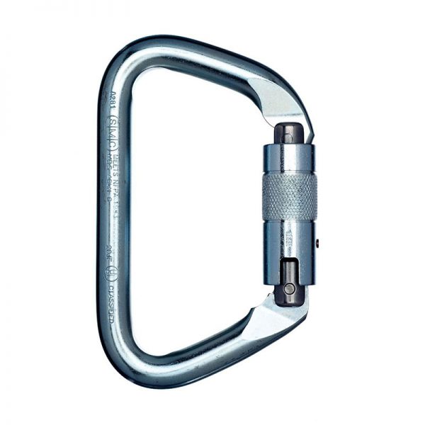 A Large Heat-treated Steel Locking D carabiner on a white background.