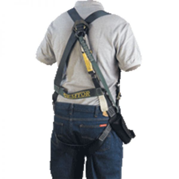 The back of a man wearing the High Visibility Fall Protection Vest - Premium Harness with Quick Connect Buckles.