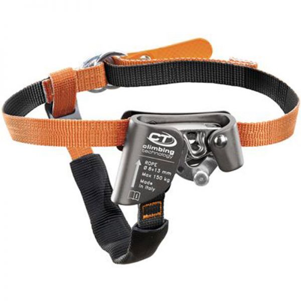 A climbing harness with an orange and black strap.