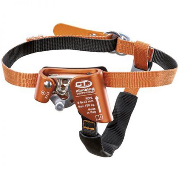 A climbing harness with an orange strap and a black buckle.
