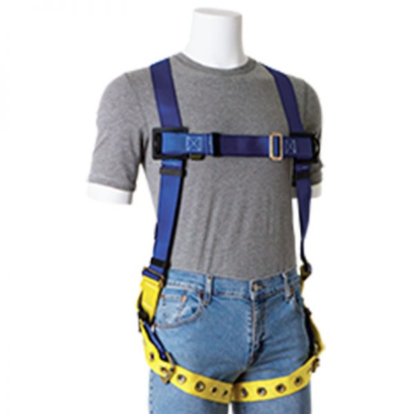 A mannequin wearing a High Visibility Fall Protection Vest - Premium Harness with Quick Connect Buckles.