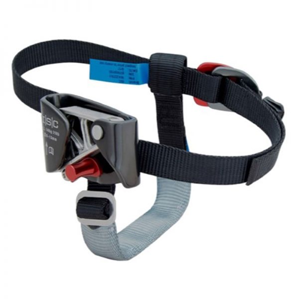 A climbing harness with a red and blue strap.