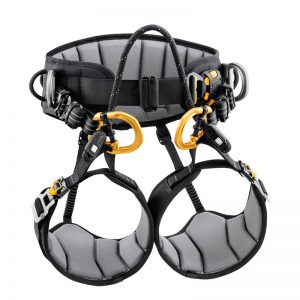 A black and yellow VOLT® international version climbing harness.