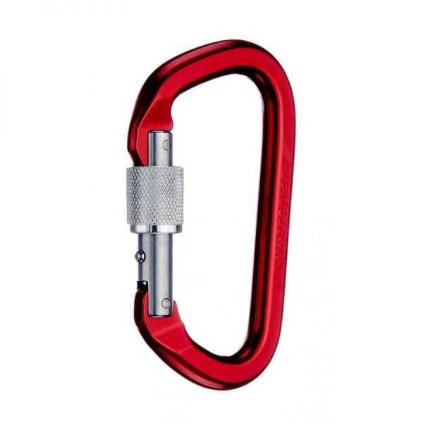 A red carabiner on a white background.