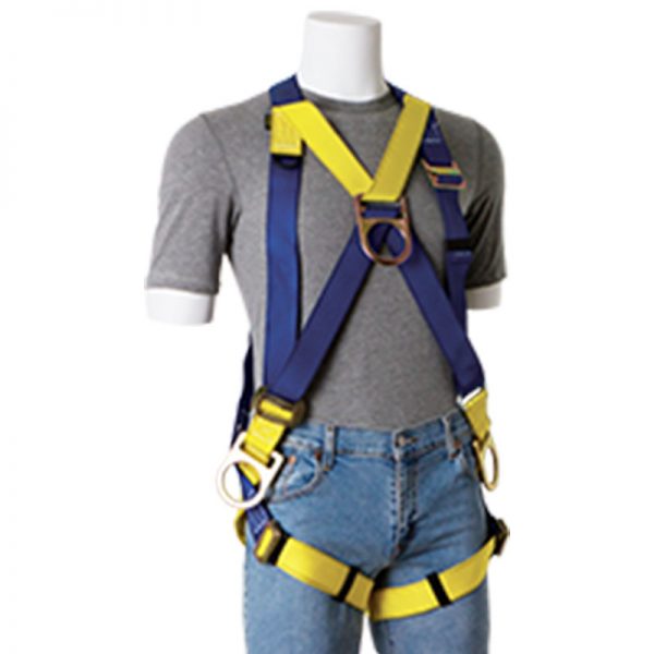 A mannequin wearing a High Visibility Fall Protection Vest - Premium Harness with Quick Connect Buckles.