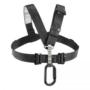 A black VOLT® international version harness with a carabiner attached to it.