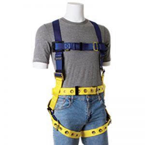A High Visibility Fall Protection Vest - Premium Harness with Quick Connect Buckles wearing a safety harness.