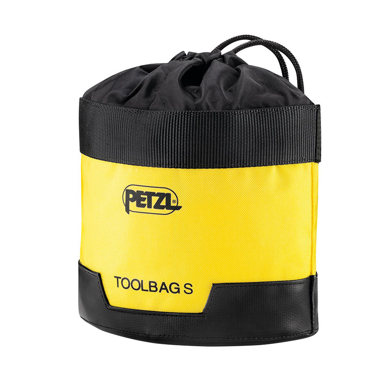 A yellow and black PITAGOR tool bag with the word petzl on it.