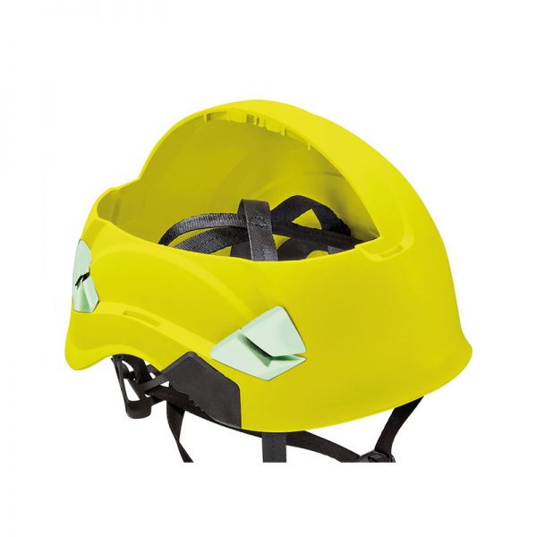 A yellow VERTEX® helmet with a black strap.