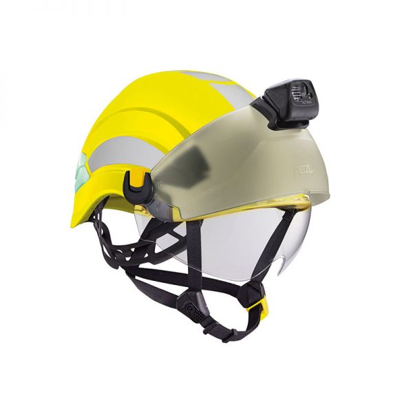 A yellow VERTEX® fire helmet with a camera on it.