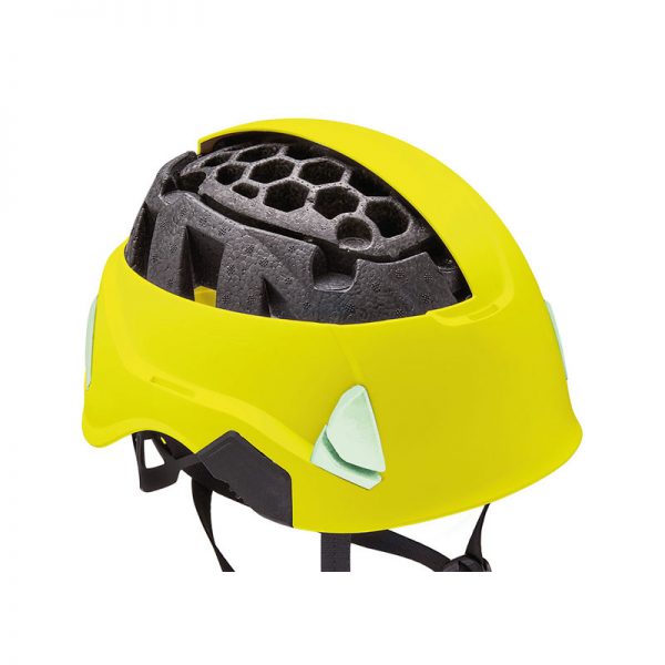 A yellow VERTEX® helmet with a black visor on it.