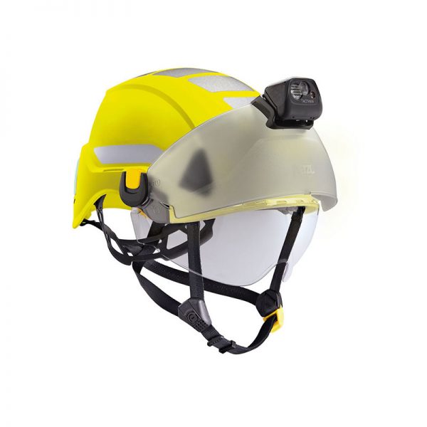 A yellow VERTEX® fire helmet with a camera on it.