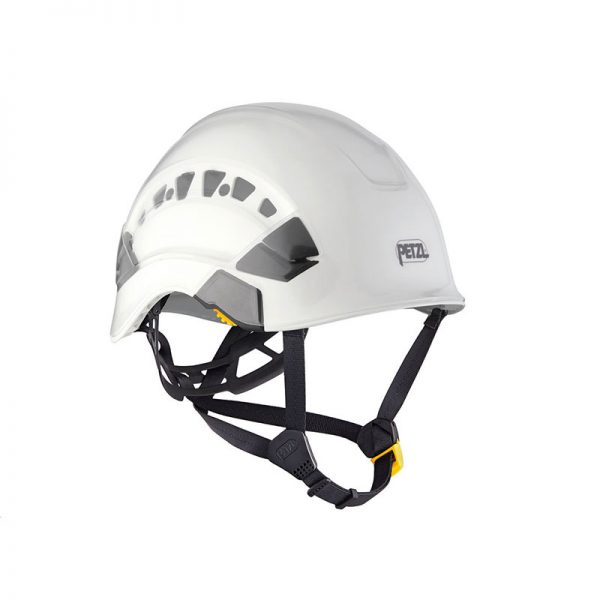 A white and yellow VERTEX® helmet on a white background.