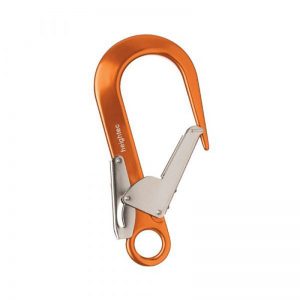 A orange carabiner on a white background.
