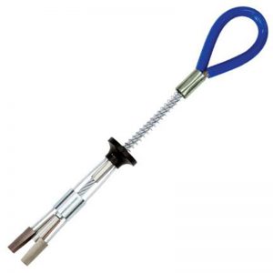 A tool with a blue handle on a white background.