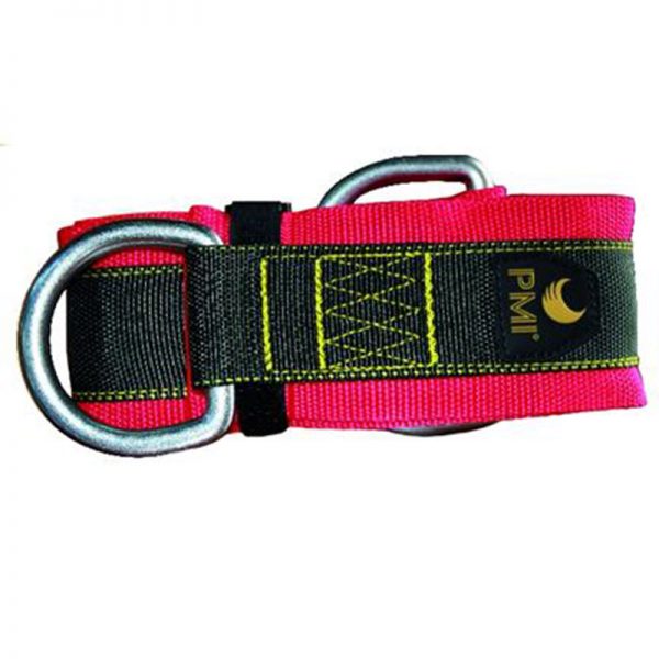 A pink and black harness with a black buckle.