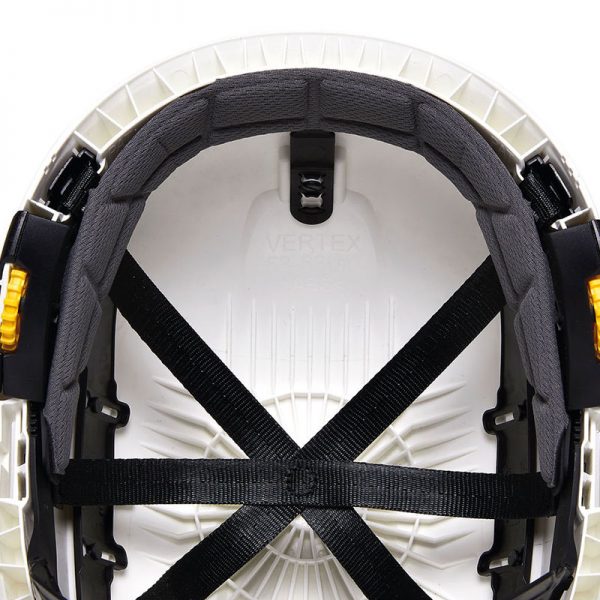 A close up of a VERTEX® helmet with yellow straps.