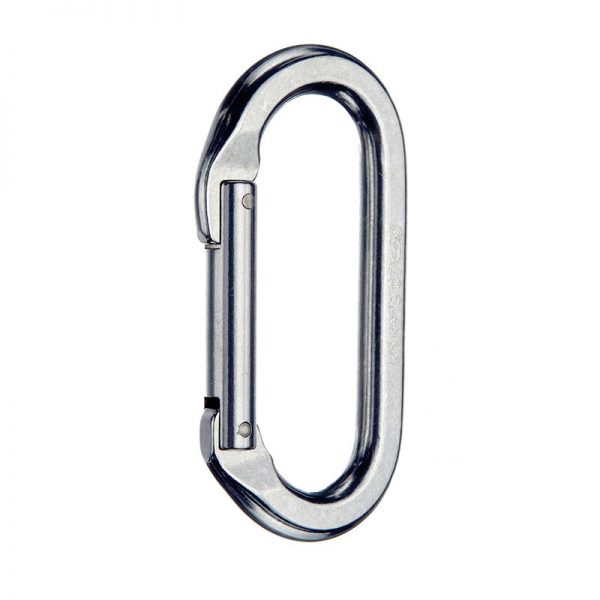 A stainless steel carabiner on a white background.