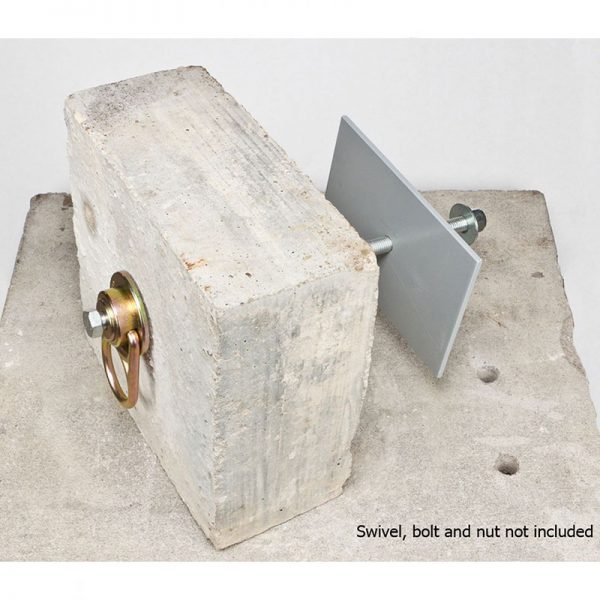 A concrete block with a PMI® General Use Anchor Sling Steel D-ring on both ends.
