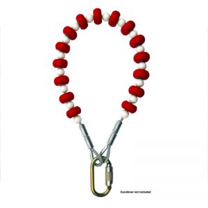 A red and white beaded PMI® General Use Anchor Sling Steel D-ring on both ends dog leash with a carabiner.