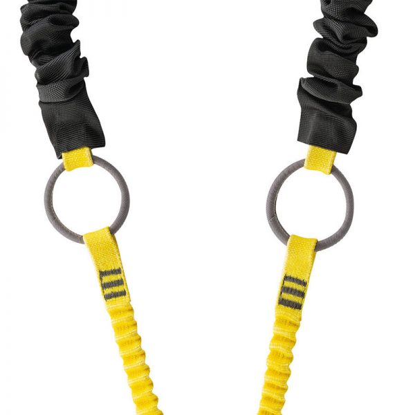 A yellow and black rope is attached to a white background.