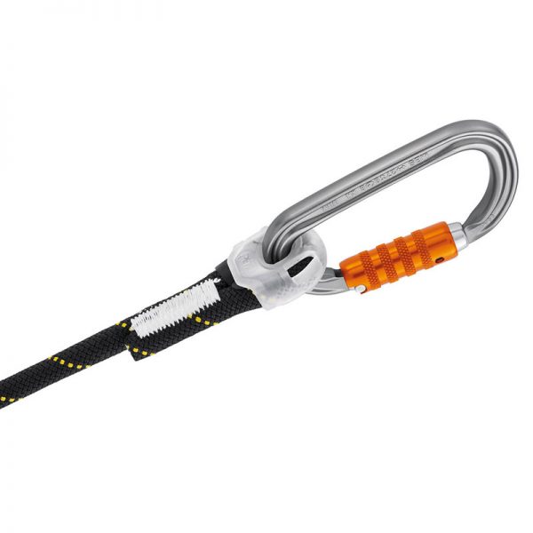 A black and orange carabiner on a white background.