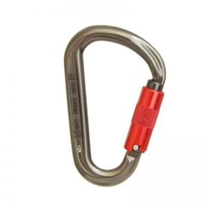 A black and red ISC Aluminum Wizard Karabiner Screwgate on a white background.
