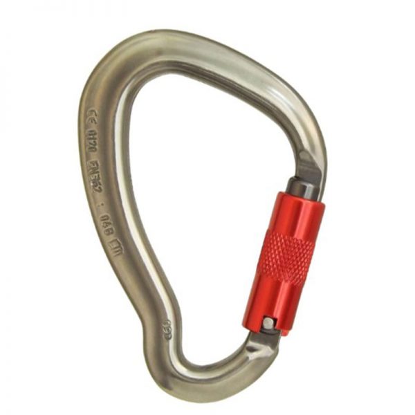 A ISC Aluminum Wizard Karabiner Screwgate with a red handle.