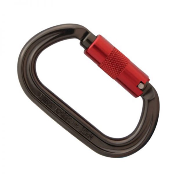 A black and red ISC Aluminum Wizard Karabiner Screwgate on a white background.