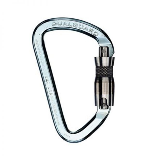 A carabiner with a black handle on a white background.