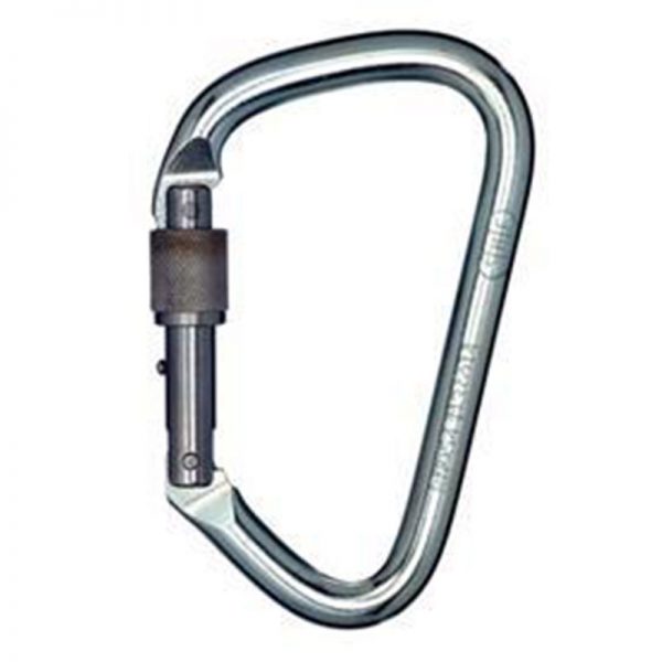 A close-up of a carabiner.