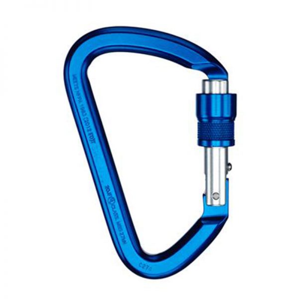 A blue carabiner on a white background.