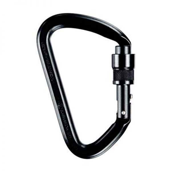 A black carabiner on a white background.