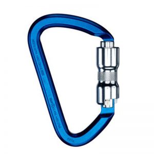 A blue and silver carabiner.