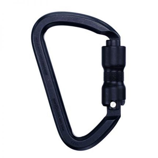 A black carabiner on a white background.