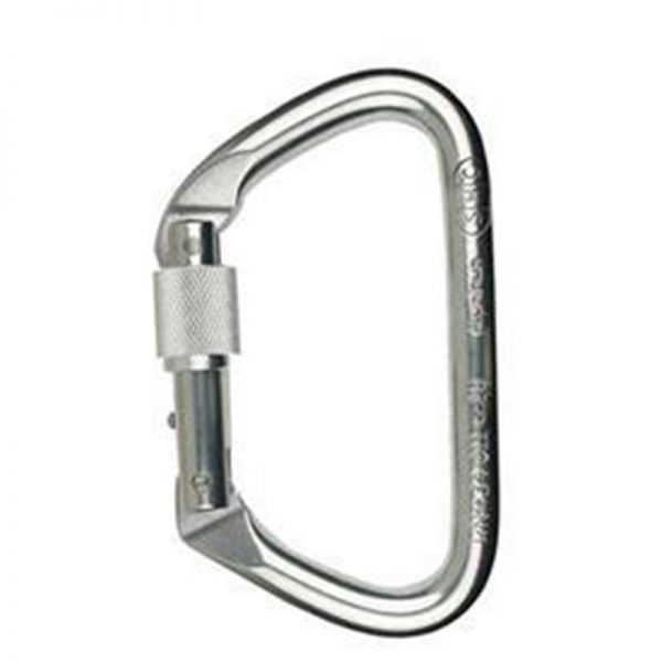 A stainless steel carabiner on a white background.